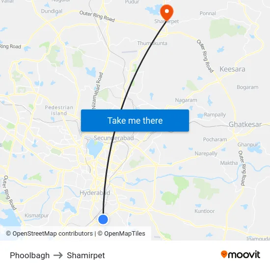 Phoolbagh to Shamirpet map