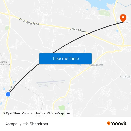 Kompally to Shamirpet map
