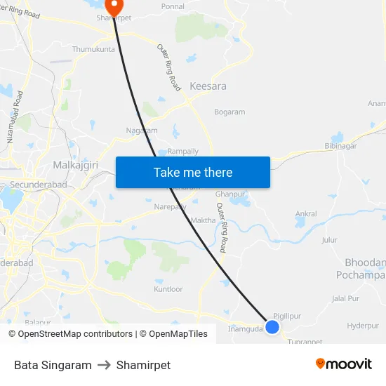 Bata Singaram to Shamirpet map
