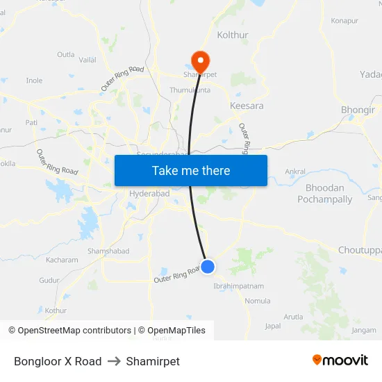 Bongloor X Road to Shamirpet map