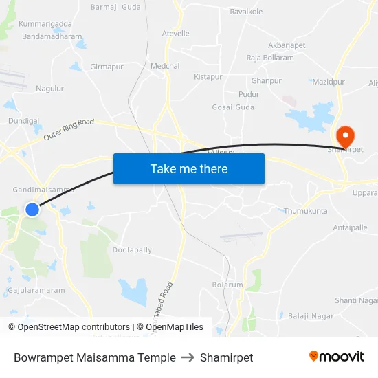 Bowrampet Maisamma Temple to Shamirpet map