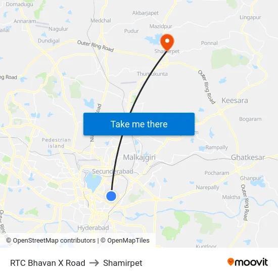 RTC Bhavan X Road to Shamirpet map