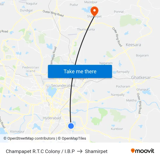 Champapet R.T.C Colony / I.B.P to Shamirpet map