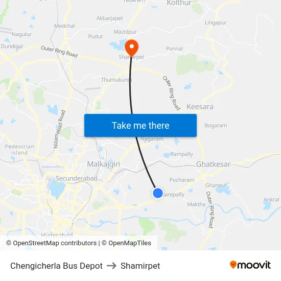 Chengicherla Bus Depot to Shamirpet map