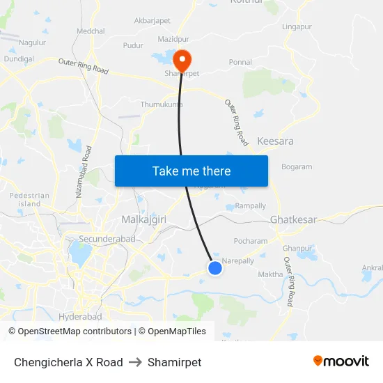Chengicherla X Road to Shamirpet map