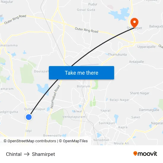 Chintal to Shamirpet map