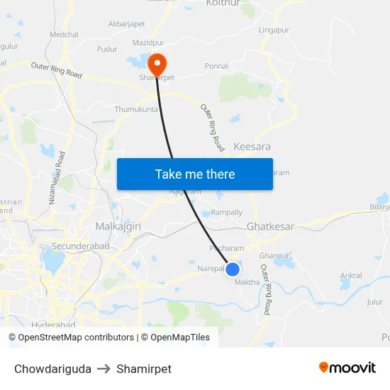 Chowdariguda to Shamirpet map