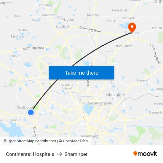 Continental Hospitals to Shamirpet map