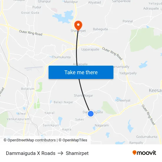 Dammaiguda X Roads to Shamirpet map