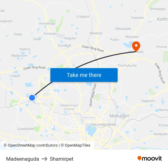 Madeenaguda to Shamirpet map