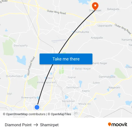 Diamond Point to Shamirpet map