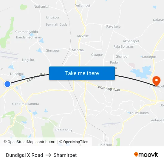 Dundigal X Road to Shamirpet map