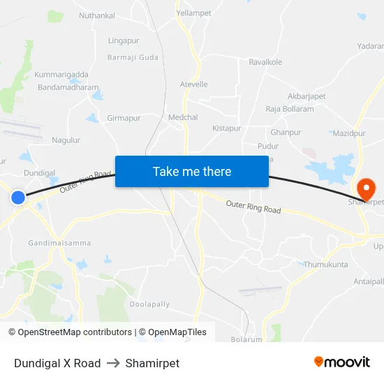 Dundigal X Road to Shamirpet map