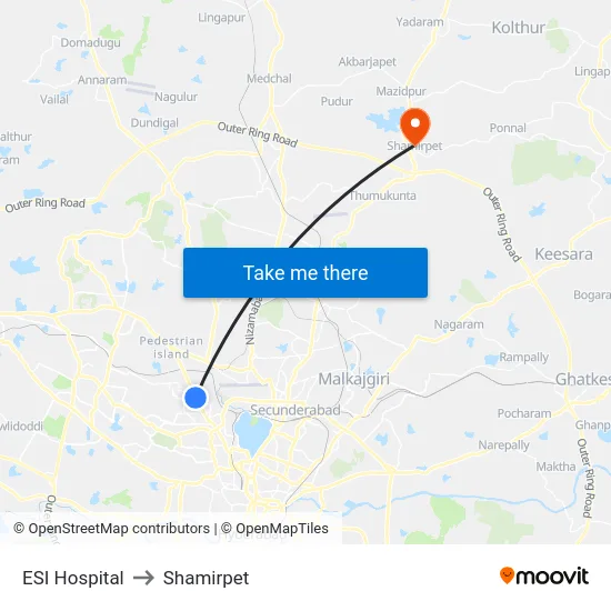 ESI Hospital to Shamirpet map