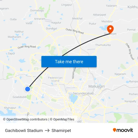 Gachibowli Stadium to Shamirpet map