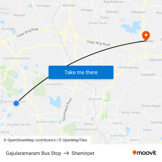 Gajularamaram Bus Stop to Shamirpet map