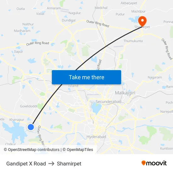 Gandipet X Road to Shamirpet map