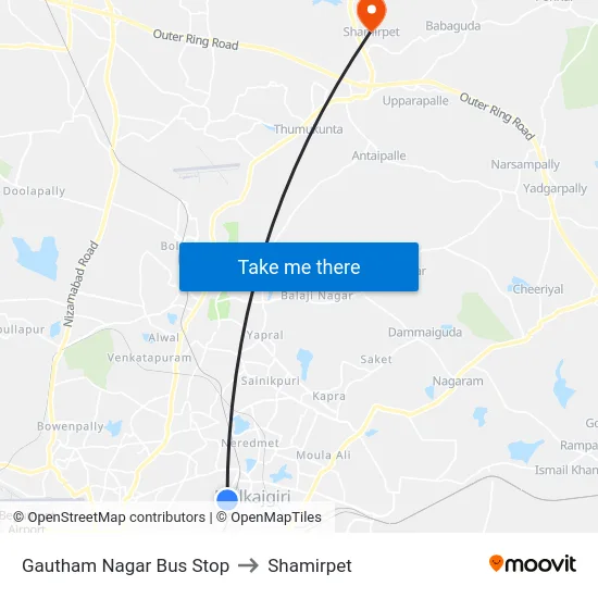 Gautham Nagar Bus Stop to Shamirpet map