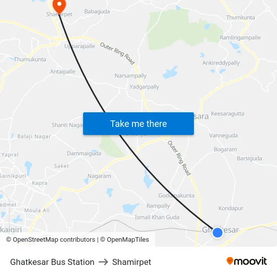 Ghatkesar Bus Station to Shamirpet map