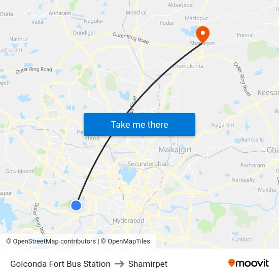 Golconda Fort Bus Station to Shamirpet map