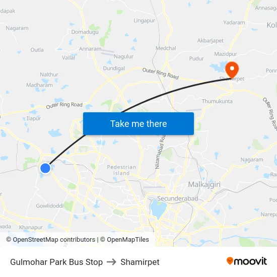 Gulmohar Park Bus Stop to Shamirpet map