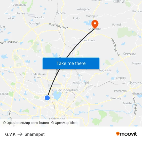 G.V.K to Shamirpet map