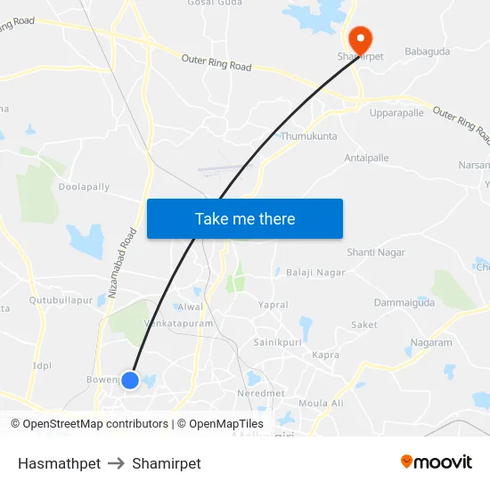 Hasmathpet to Shamirpet map