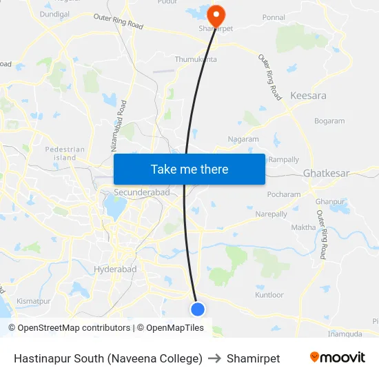Hastinapur South (Naveena College) to Shamirpet map