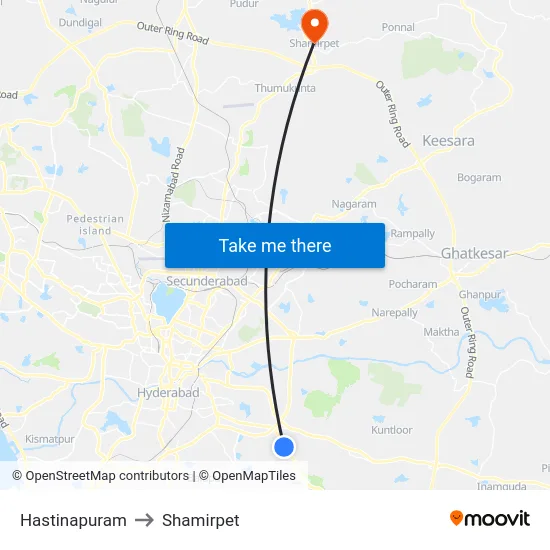 Hastinapuram to Shamirpet map