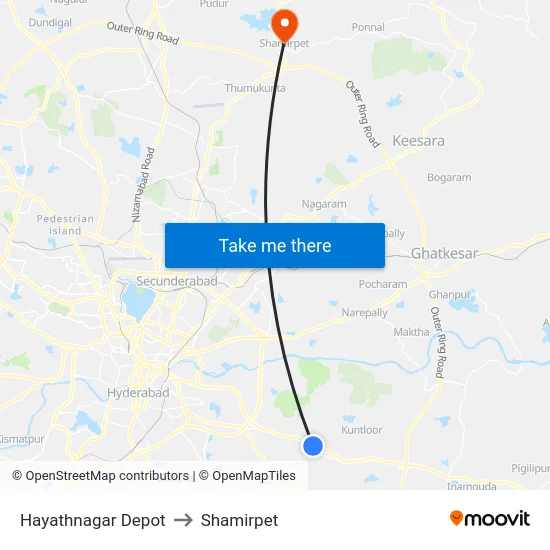Hayathnagar Depot to Shamirpet map