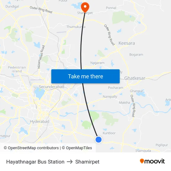 Hayathnagar Bus Station to Shamirpet map