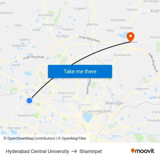 Hyderabad Central University to Shamirpet map