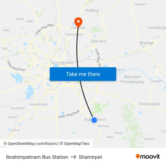 Ibrahimpatnam Bus Station to Shamirpet map