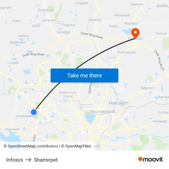 Infosys to Shamirpet map