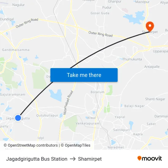 Jagadgirigutta Bus Station to Shamirpet map