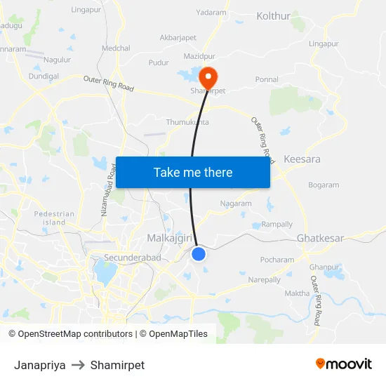 Janapriya to Shamirpet map