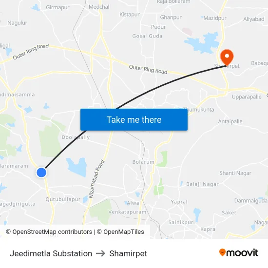 Jeedimetla Substation to Shamirpet map
