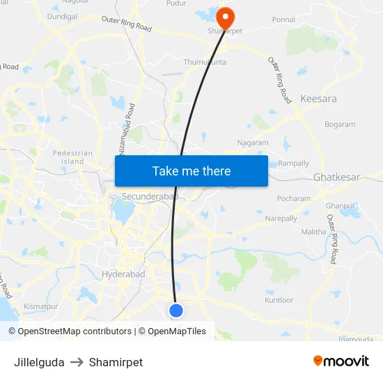 Jillelguda to Shamirpet map
