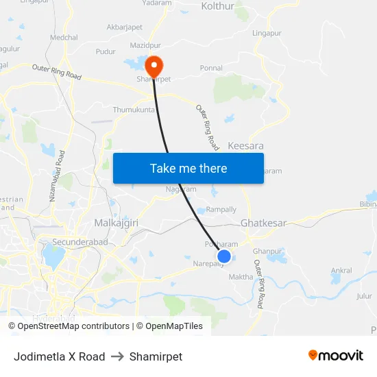 Jodimetla X Road to Shamirpet map