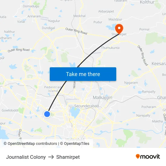 Journalist Colony to Shamirpet map