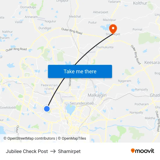 Jubilee Check Post to Shamirpet map