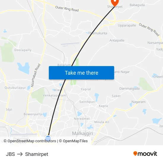 JBS to Shamirpet map