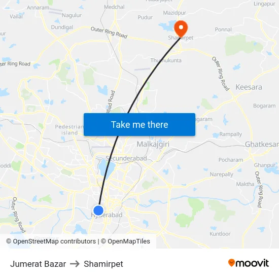 Jumerat Bazar to Shamirpet map