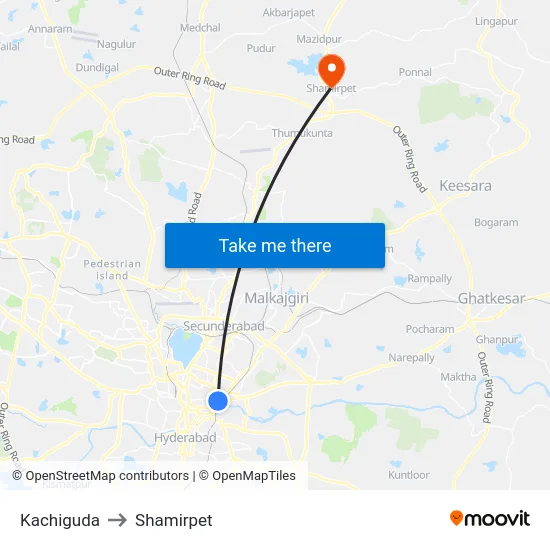Kachiguda to Shamirpet map
