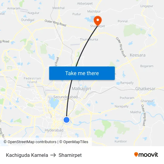 Kachiguda Kamela to Shamirpet map