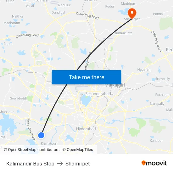 Kalimandir Bus Stop to Shamirpet map