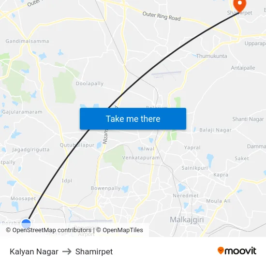 Kalyan Nagar to Shamirpet map