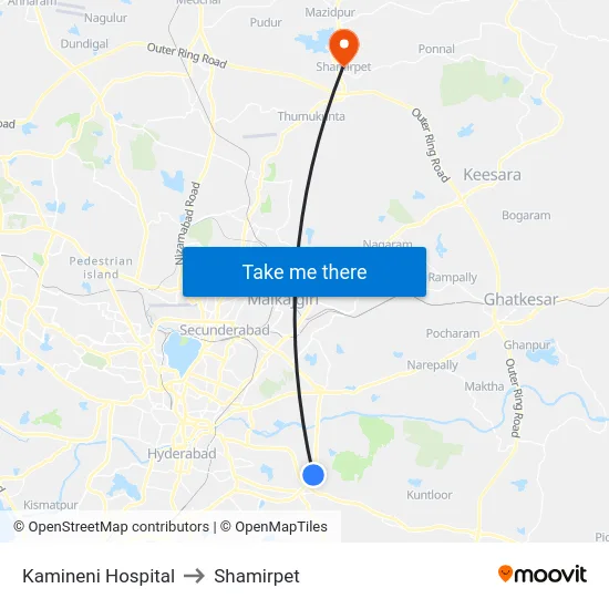Kamineni Hospital to Shamirpet map
