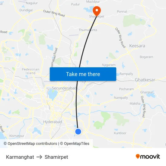 Karmanghat to Shamirpet map