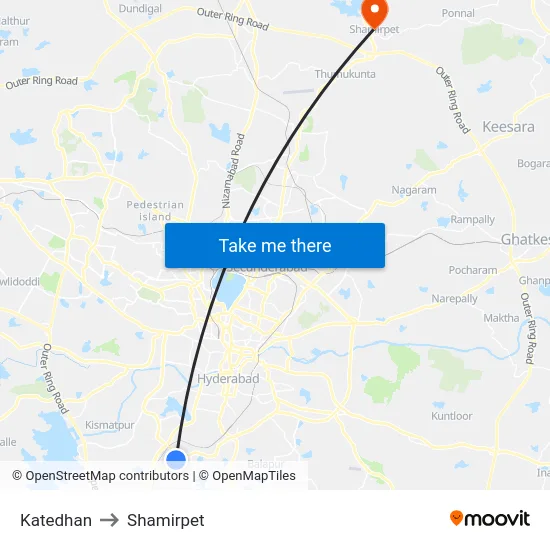 Katedhan to Shamirpet map